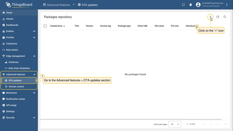 OTA updates section on the ThingsBoard server with the add button