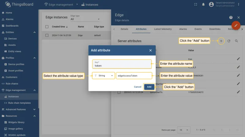 Add attribute dialog with edgeAccessToken key on the Edge details page