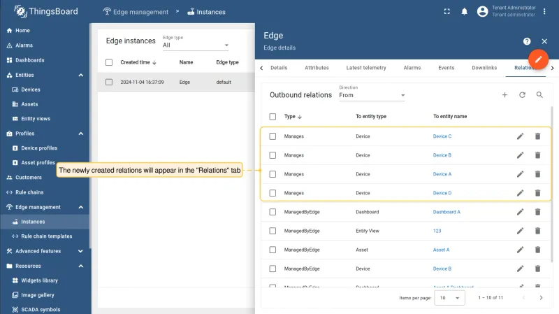 Relation visible in the Relations tab