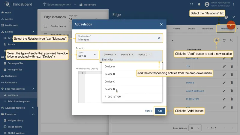 Add relation dialog linking the Edge to a device