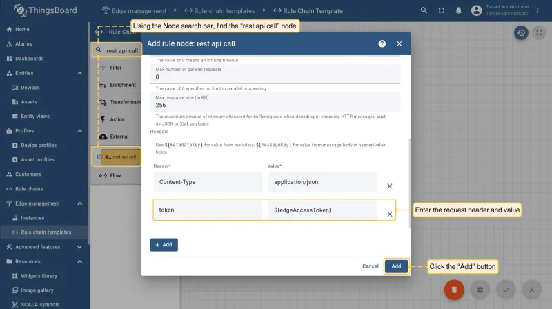 REST API call node configuration dialog