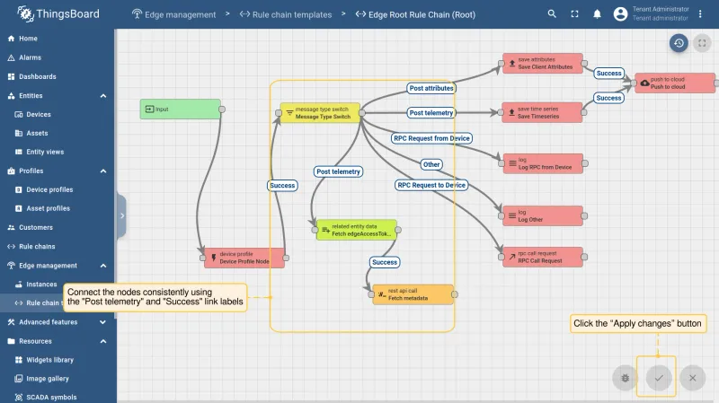 Rule chain with nodes connected and Apply changes button
