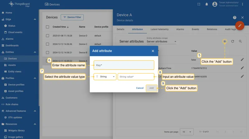 Add attribute dialog with Key, type, and value fields