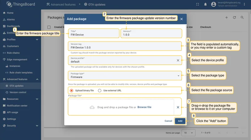 New OTA update package dialog with fields filled in