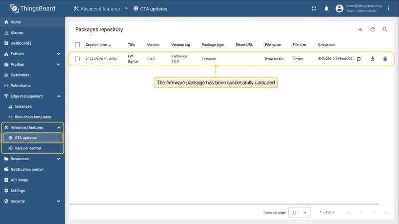 OTA updates list showing the newly uploaded package