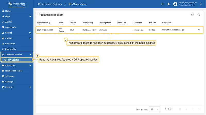 OTA updates section on Edge showing the propagated package