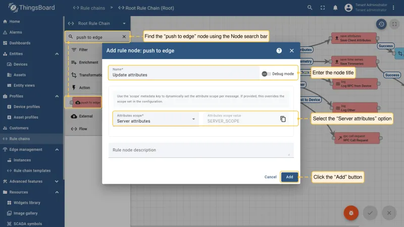 Push to edge node configuration dialog