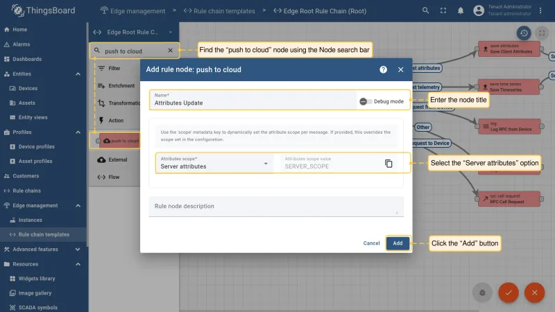 Push to cloud node configuration dialog