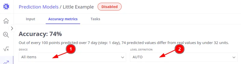 Accuracy tab configuration with device selection and AUTO/MANUAL threshold options