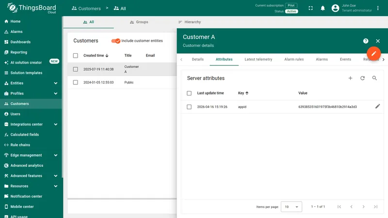 Customer A server attributes with API key