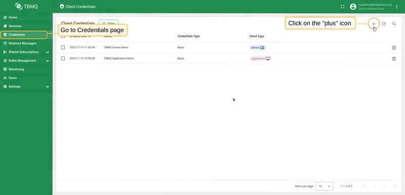 Go to Credentials page and click Add Client Credentials