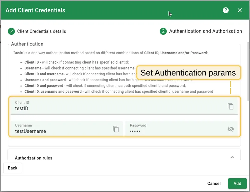 Fill in Authentication settings