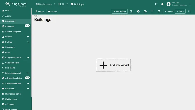 Empty Buildings dashboard with Add widget button