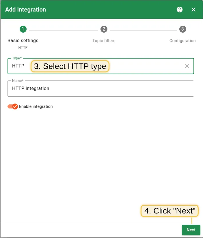 Select HTTP as the integration type and click Next
