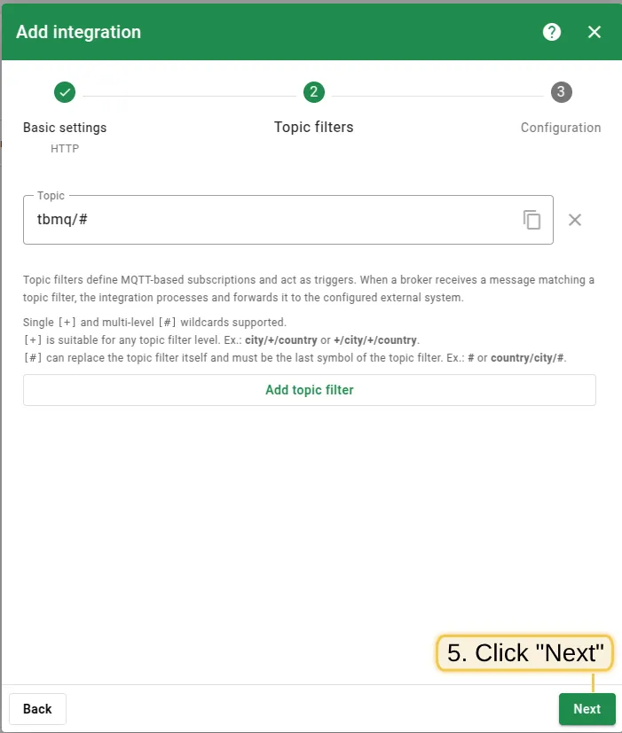 Click Next to subscribe to default topic tbmq/#
