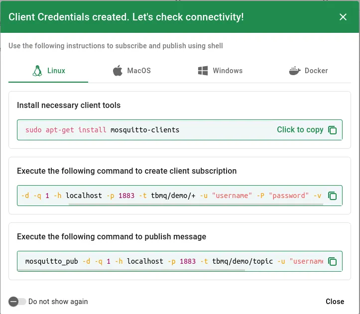 Check Connectivity window with autogenerated commands