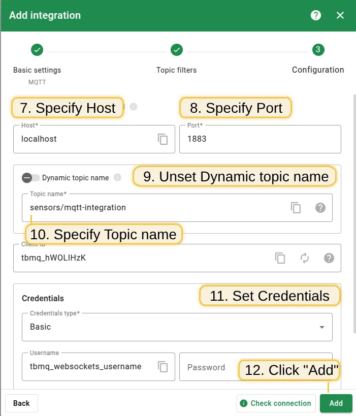 Specify Host, Port, Credentials and Topic name, then click Add