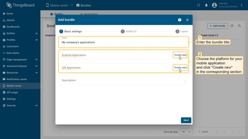 Click Create new for Android or iOS application