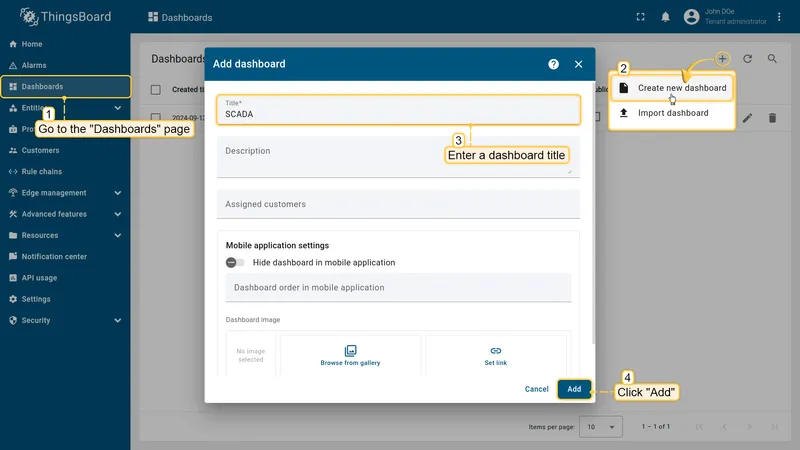 Create dashboard dialog