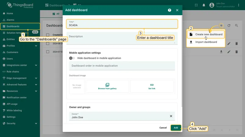 Create dashboard dialog