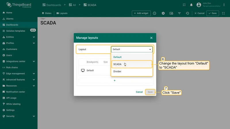 Manage layouts dialog
