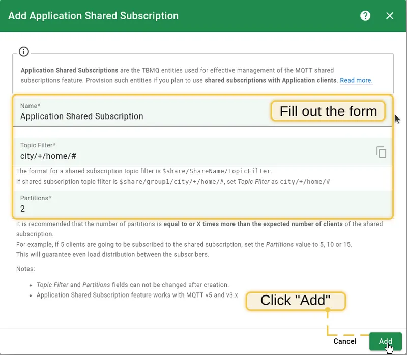Fill in Name, Topic filter, and Partitions fields