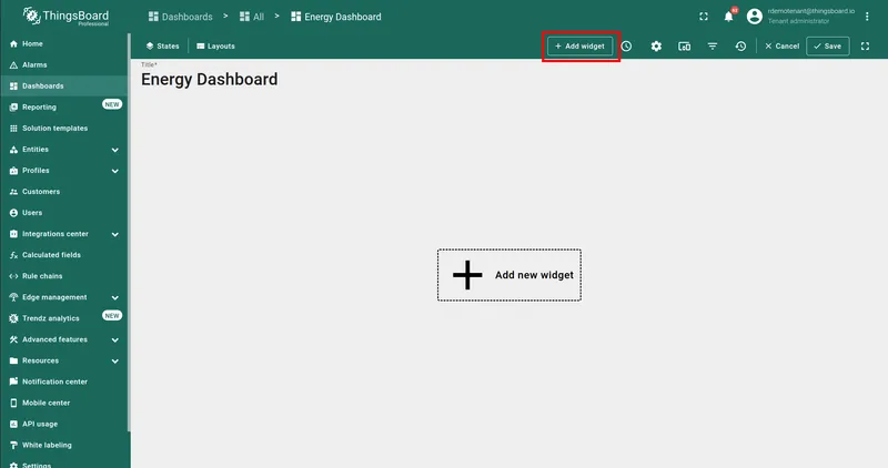 ThingsBoard dashboard in edit mode with Add widget button highlighted