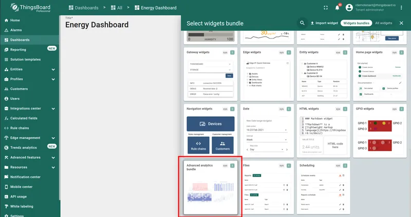Widget bundles panel with Advanced analytics bundle highlighted