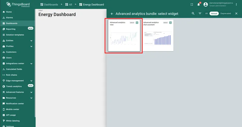 Advanced analytics bundle widget selection with Advanced analytics view highlighted