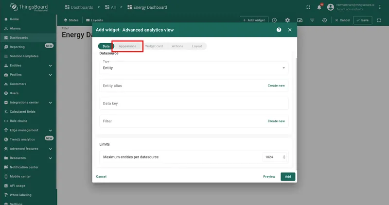 Add widget dialog — Appearance tab highlighted