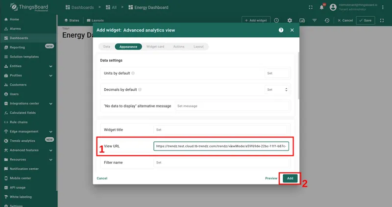 Appearance tab — View URL field filled and Add button highlighted