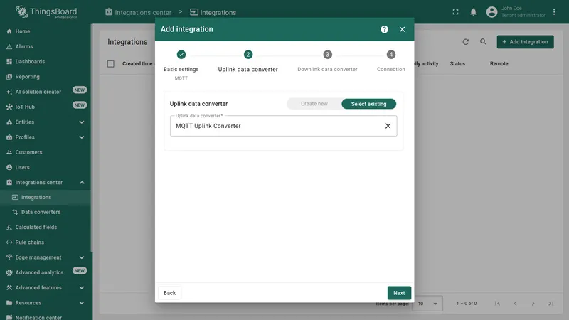 Add integration wizard — Uplink data converter: MQTT Uplink Converter selected via Select existing