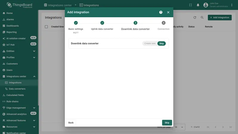 Add integration wizard — Downlink data converter: Skip button highlighted