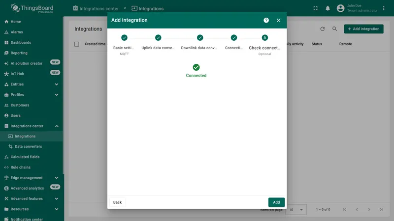 Add integration wizard — Check connection: green checkmark with Connected status, Add button