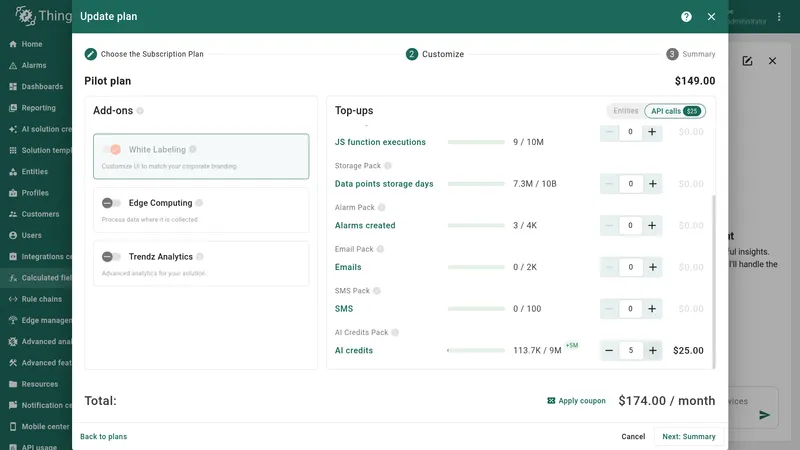 AI Credits Pack row in the Customize step of the Update plan dialog