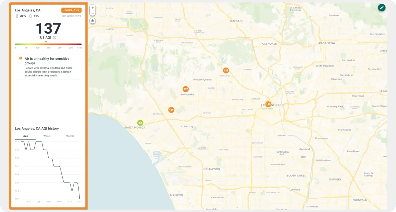 Interactive AQI heatmap of Los Angeles on the ThingsBoard IoT Platform