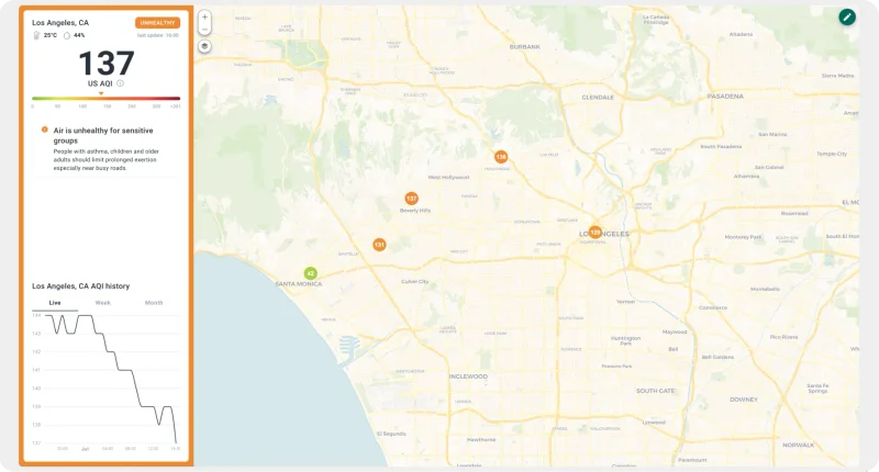Interactive map showing air quality monitoring stations with AQI indicators