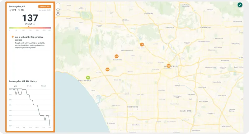 Interactive map showing air quality monitoring stations with AQI indicators