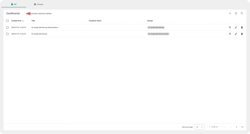 Historical air quality data charts with configurable time ranges