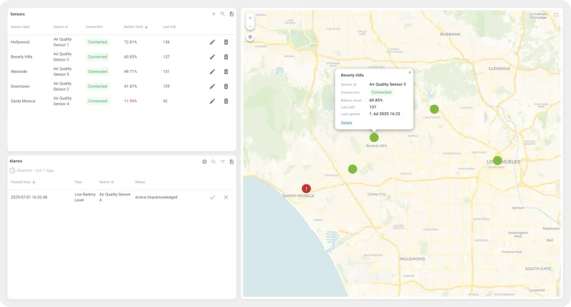 Air quality alarm management interface with threshold violations