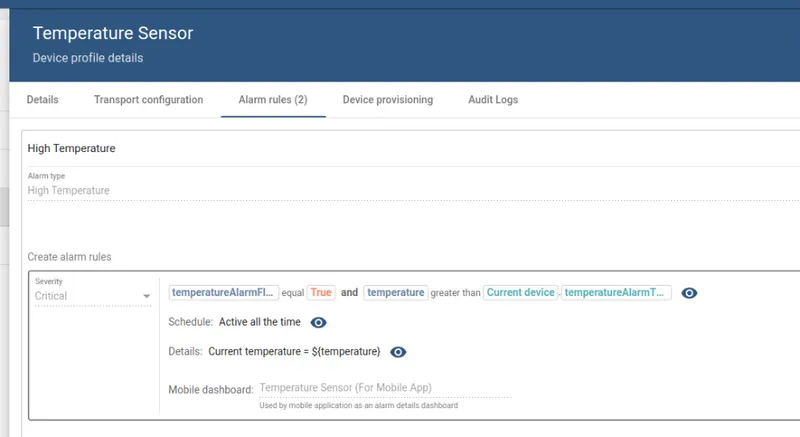 Mobile dashboard field in alarm rule form