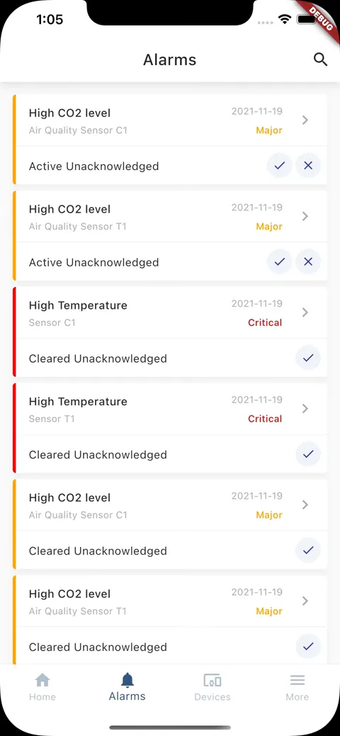 Alarm details dashboard in mobile app