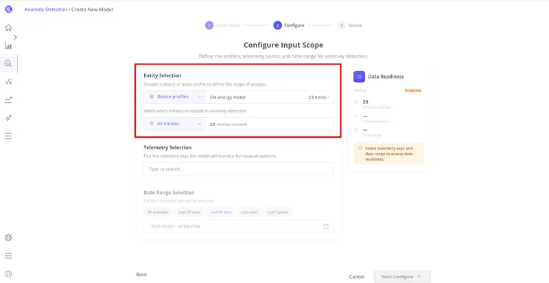 Configure step — Entity Selection highlighted with EM energy meter selected