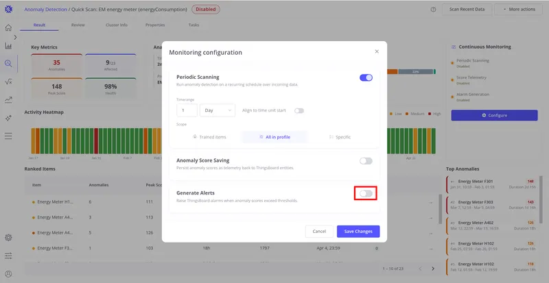 Monitoring configuration dialog with Generate Alerts toggle highlighted