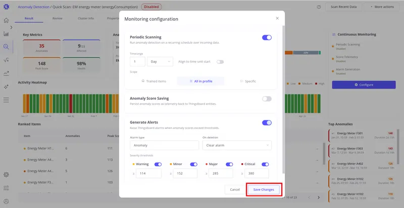Monitoring configuration dialog with Save Changes button highlighted