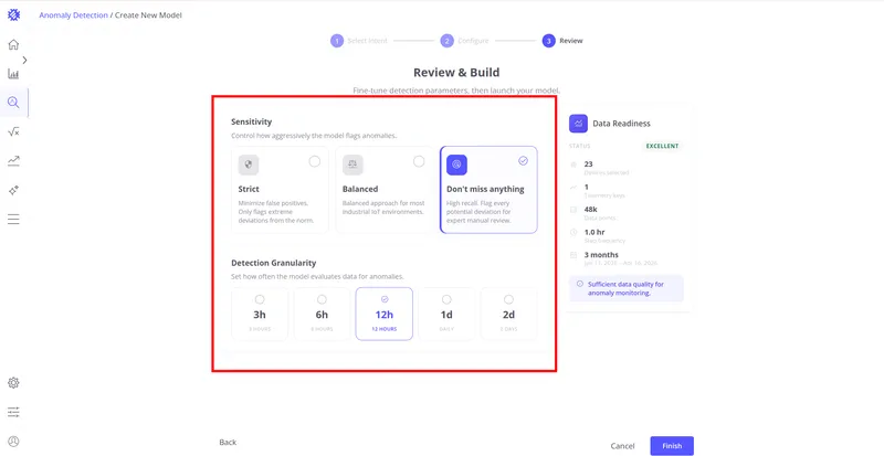 Review & Build step with Sensitivity and Detection Granularity options highlighted