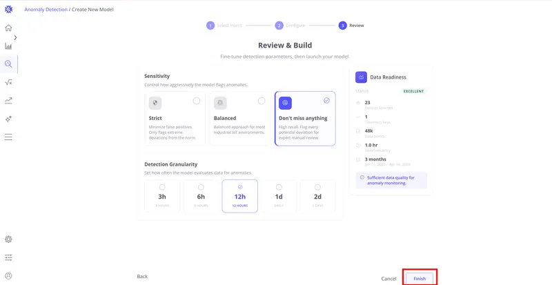 Review & Build step with the Finish button highlighted