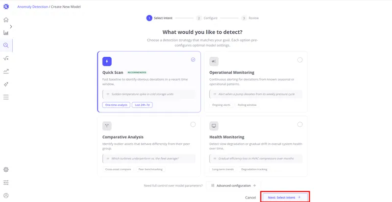 Create New Model wizard — Select Intent step with Quick Scan selected and Next button highlighted