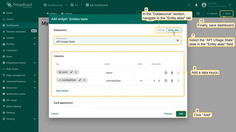 API usage configured