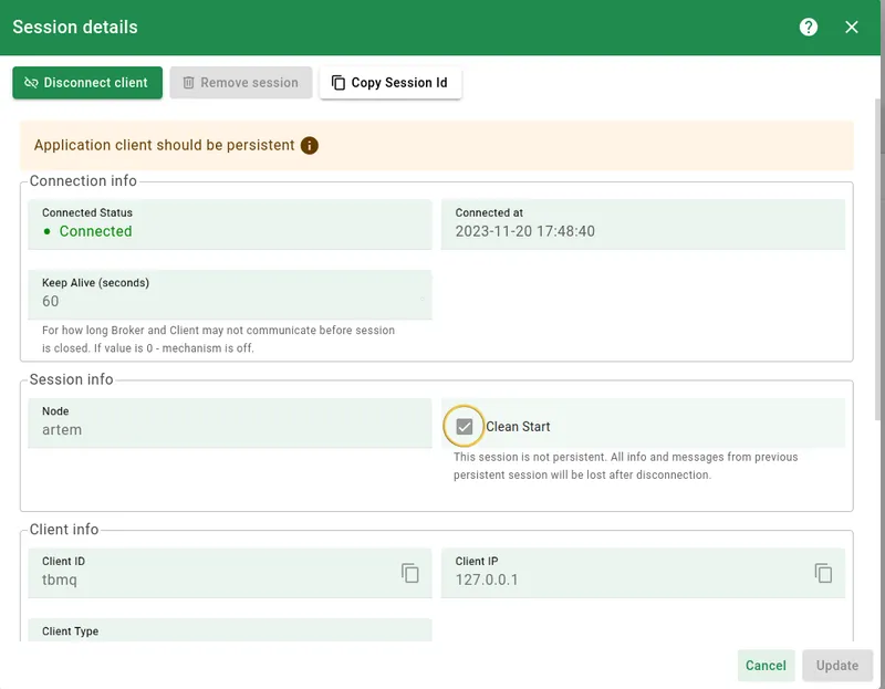 Warning displayed on session details page for a non-persistent APPLICATION client